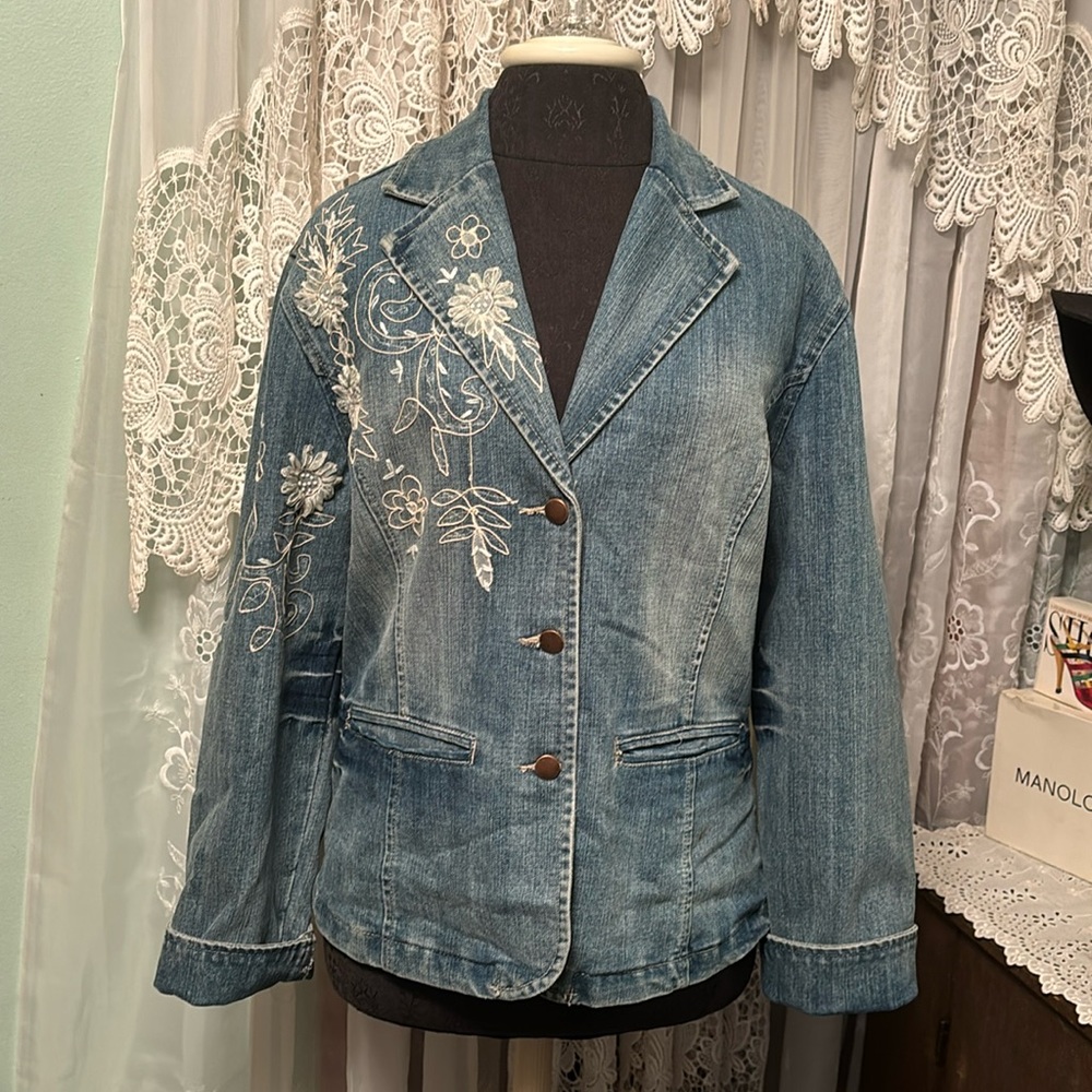 Vintage Factory Faded & Embellished Denim Blazer Sz L